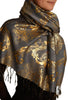 Gold Lotus Flower Print On Grey Pashmina With Tassels