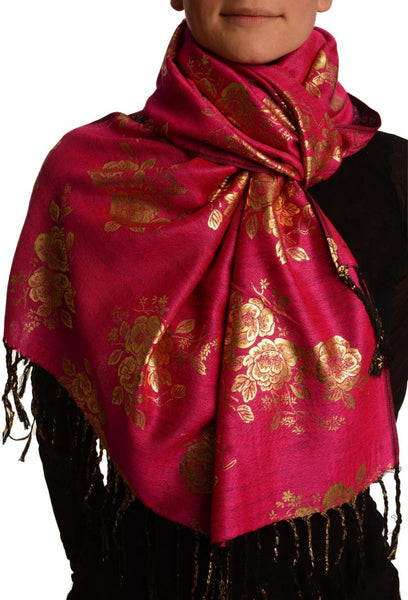 Gold Roses Flower Print On Magenta Pink Pashmina With Tassels