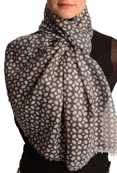 White Moroccan Diamond Grid With Gold Trim On Blue Scarf