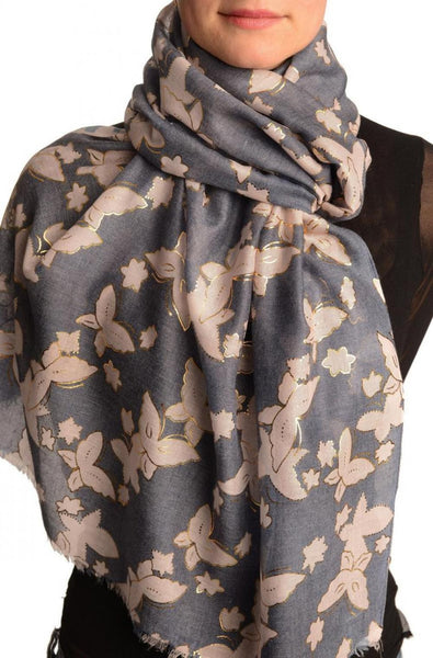 White Butterflies With Gold Trim On Blue Scarf