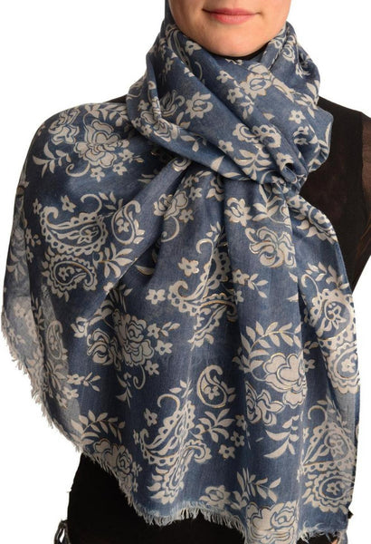 White Paisley With Gold Trim On Blue Scarf