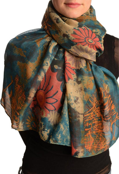 Teal Blue With Large Rustic Daisy Scarf