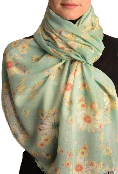 Powder Blue With Gold Trim Daisies Scarf