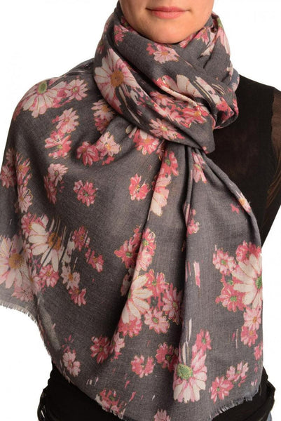 Slate Grey With Gold Trim Daisies Scarf