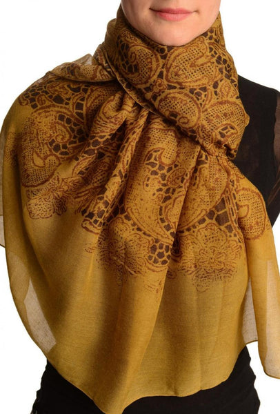 Large Floral Printed Lace On Mustard Brown