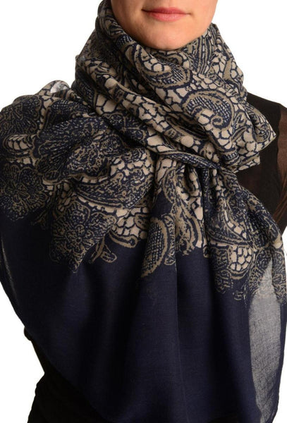 Large Floral Printed Lace On Dark Blue