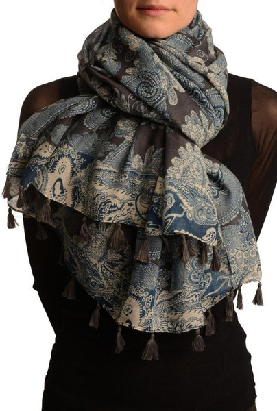 Cream & Blue Paisley On Dark Grey Scarf With Tassels