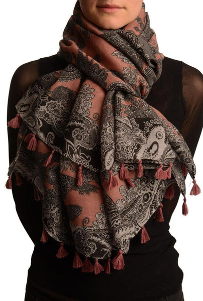 Grey & Black Paisley On Pink Scarf With Tassels