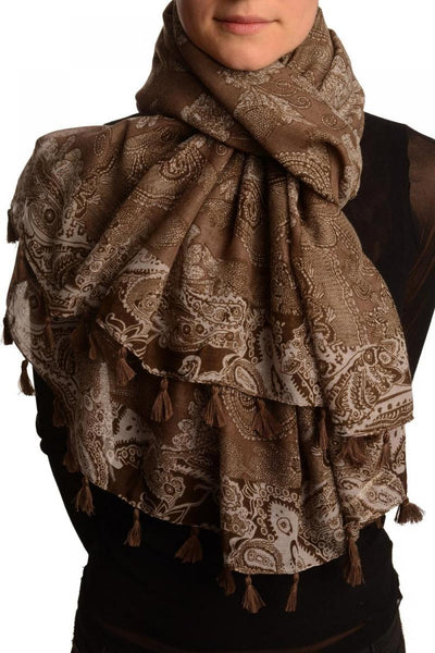 Grey & Brown Paisley On Brown Scarf With Tassels