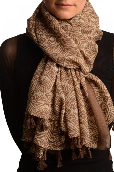 Small Geometrical Print On Brown Scarf With Tassels