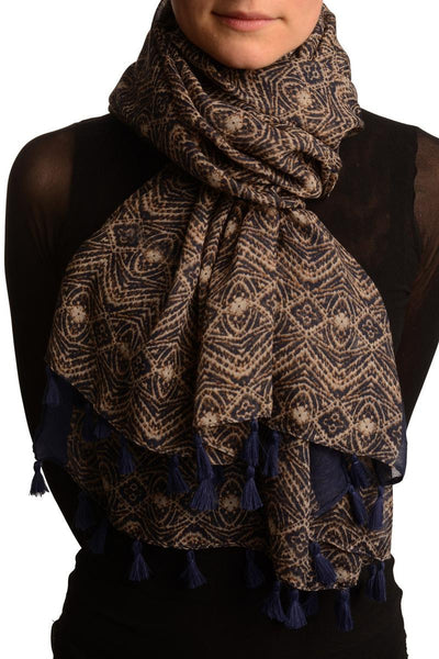 Small Geometrical Print On Dark Blue Scarf With Tassels