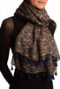 Small Geometrical Print On Dark Blue Scarf With Tassels