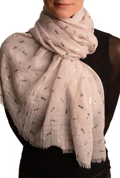 Red Gold Printed Dragonfly On Cream Scarf