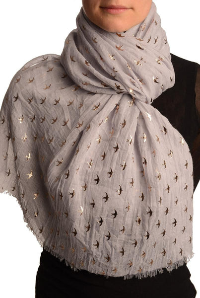 Red Gold Printed Swallows On Grey Scarf