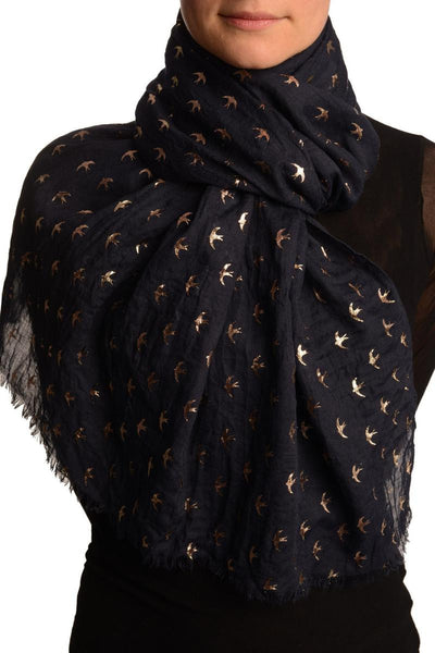 Red Gold Printed Swallows On Oxford Blue Scarf