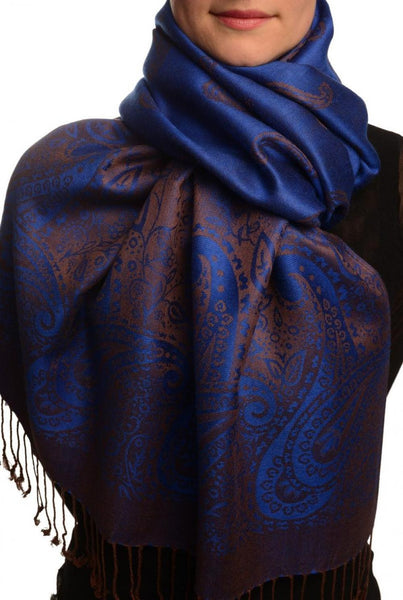 Small Paisley On Persian Blue Pashmina With Tassels