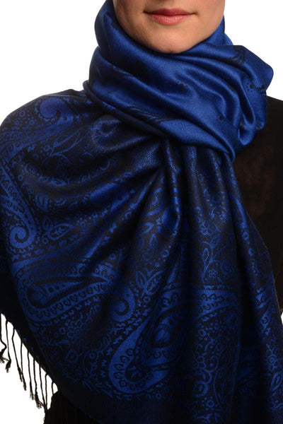 Small Paisley On Medium Blue Pashmina With Tassels