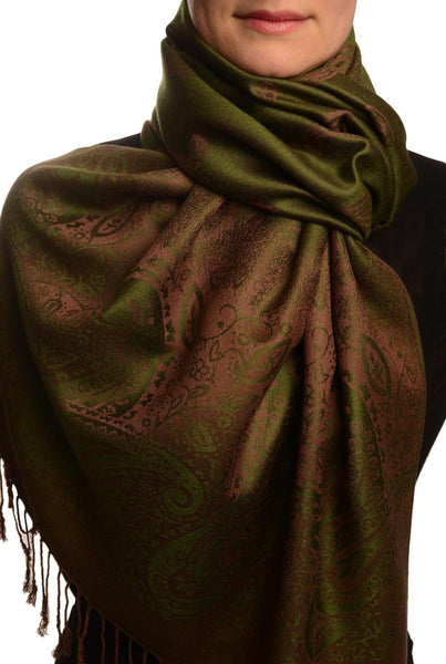 Small Paisley On Olive Green Pashmina With Tassels