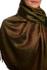 Small Paisley On Olive Green Pashmina With Tassels