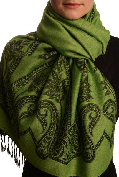 Large Paisley On Olive Green Pashmina With Tassels