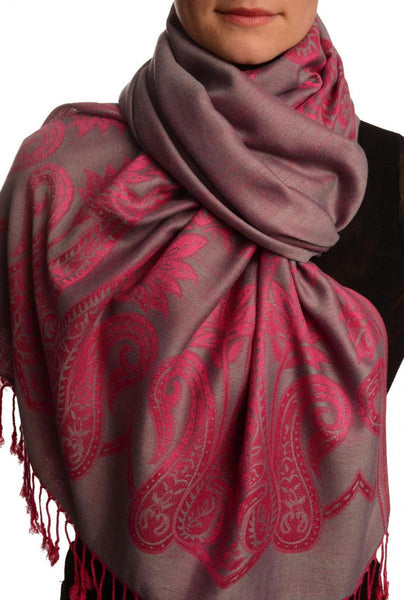 Large Paisley On Pink Grey Pashmina With Tassels