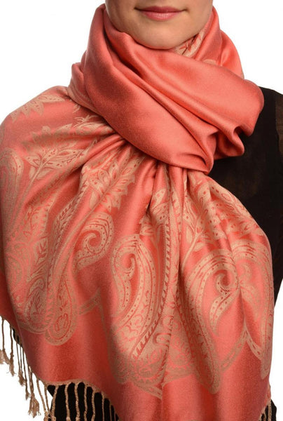 Large Paisley On Coral Pink Pashmina With Tassels