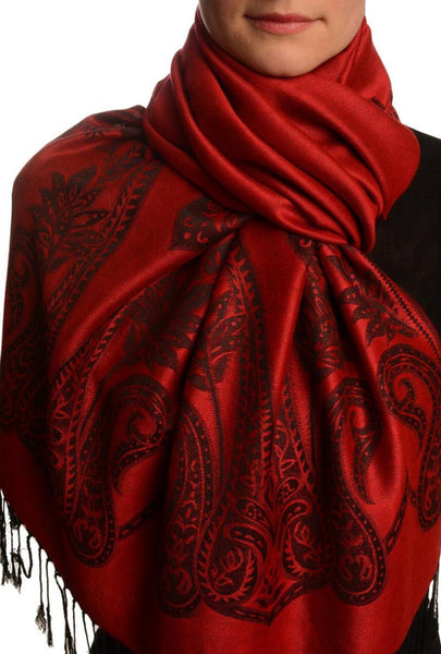 Large Paisley On Dark Red Pashmina With Tassels