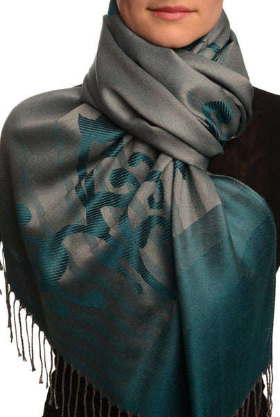 Rising Sun On Blue Grey Pashmina With Tassels