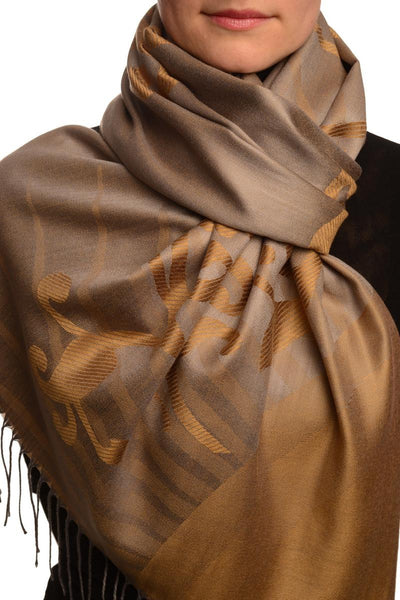 Rising Sun On Brown Grey Pashmina With Tassels