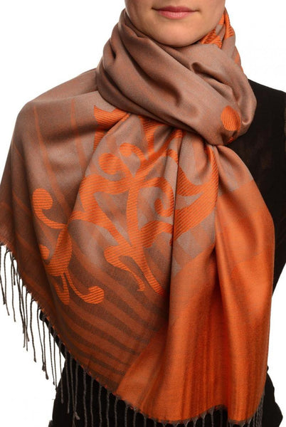 Rising Sun On Coral Grey Pashmina With Tassels
