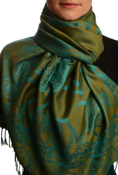 Moroccan Rose On Olive Green Pashmina With Tassels