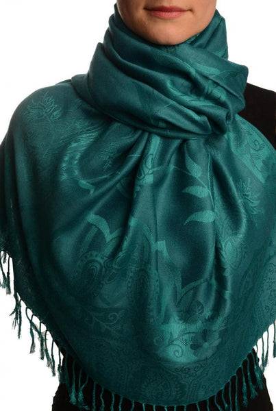 Moroccan Rose On Teal Blue Pashmina With Tassels