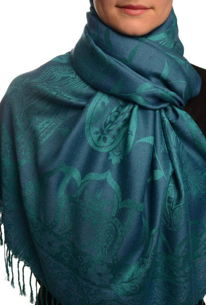 Moroccan Rose On Prussian Blue Pashmina With Tassels