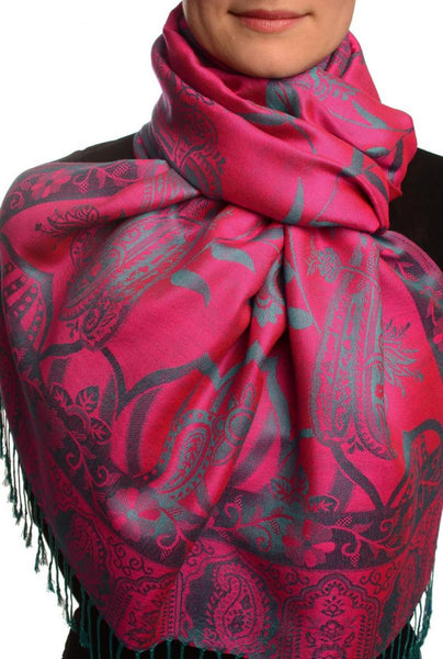 Moroccan Rose On Magenta Pink Pashmina With Tassels