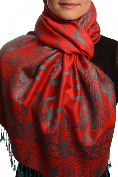 Moroccan Rose On Red Pashmina With Tassels