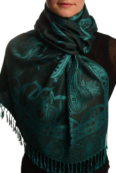 Moroccan Rose On Black Pashmina With Tassels