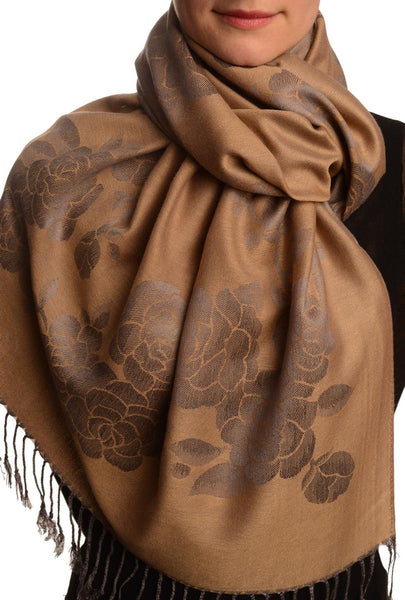 Roses On Mocha Pashmina With Tassels