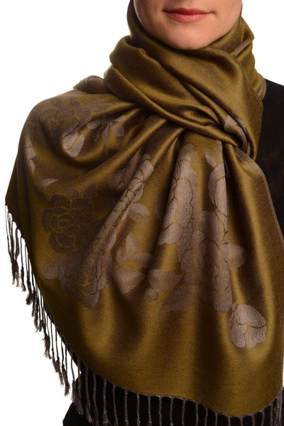 Roses On Olive Green Pashmina With Tassels