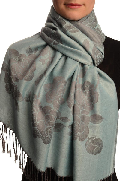 Roses On Powder Blue Pashmina With Tassels