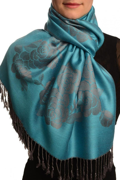 Roses On Steel Blue Pashmina With Tassels