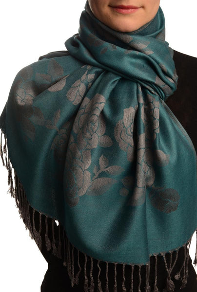 Roses On Cerulean Blue Pashmina With Tassels