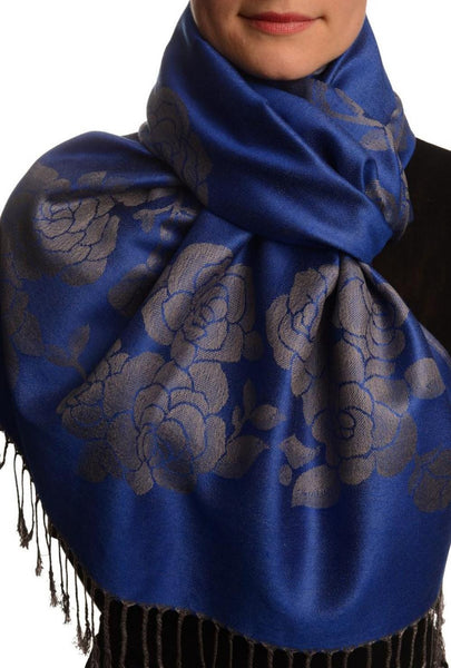 Roses On Persian Blue Pashmina With Tassels