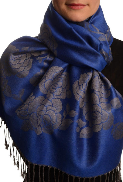 Roses On Persian Blue Pashmina With Tassels