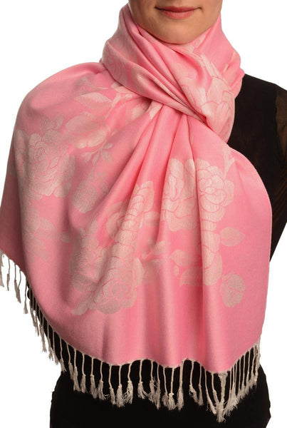 Roses On Pink Pashmina With Tassels