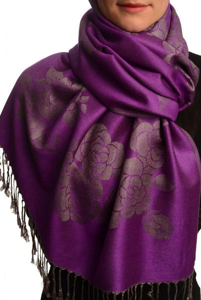 Roses On Purple Pashmina With Tassels
