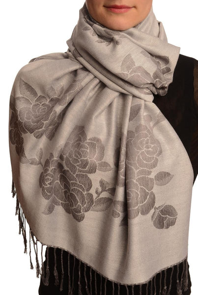 Roses On Silver Grey Pashmina With Tassels