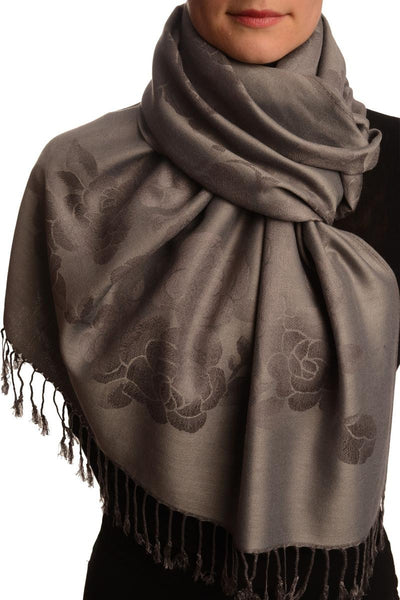 Roses On Grey Pashmina With Tassels