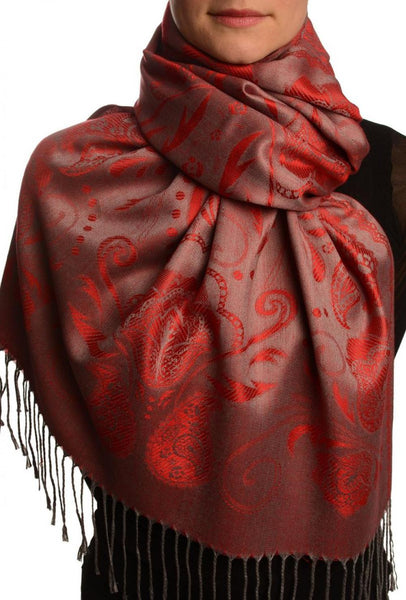 Pearls & Paisleys On Red Pashmina With Tassels