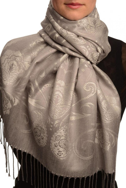 Pearls & Paisleys On Silver Grey Pashmina With Tassels