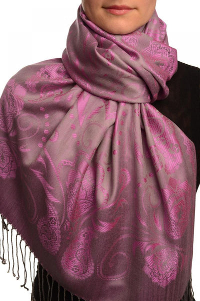 Pearls & Paisleys On Fuchsia Pink & Grey Pashmina With Tassels